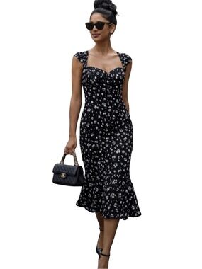 Maeve X Anthropologie Cecily Sweetheart Dress Midi Black & White Floral Print
